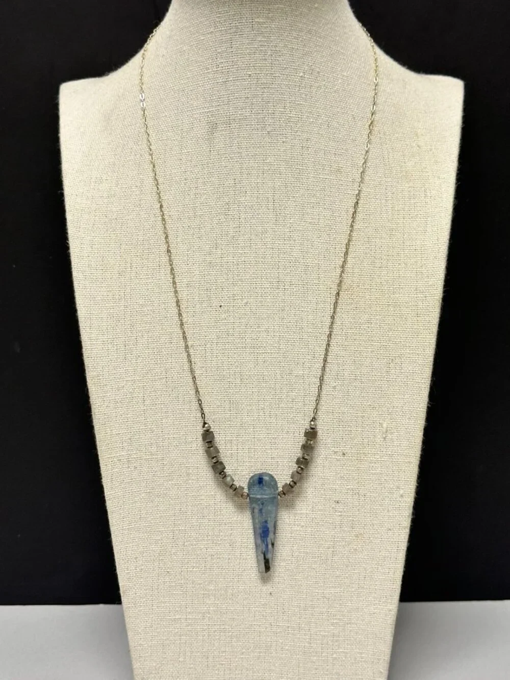 Kyanite Pendant Necklace Sterling Silver Blue Stone Beaded Chain Artisan